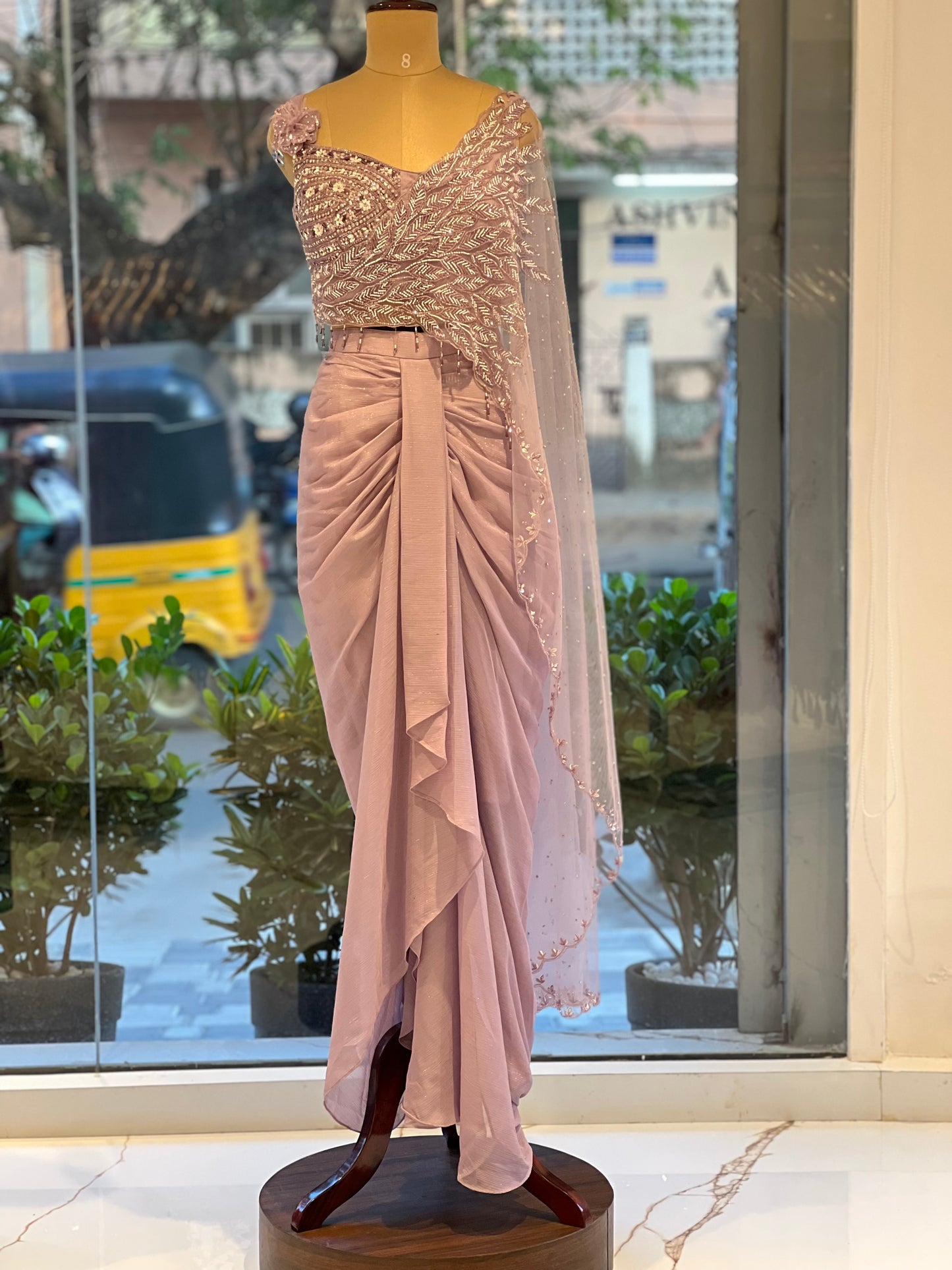 Lilac draped skirt and embellished blouse