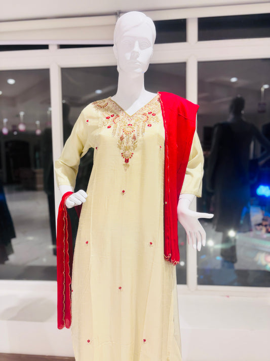 Embroidered Salwar suit in cream, color and red Dupata