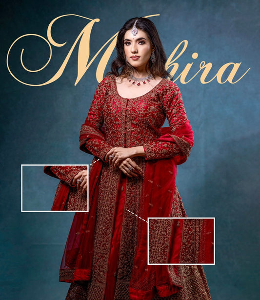 Red flaired three piece Anarkali and lehenga skirt with embroidery.