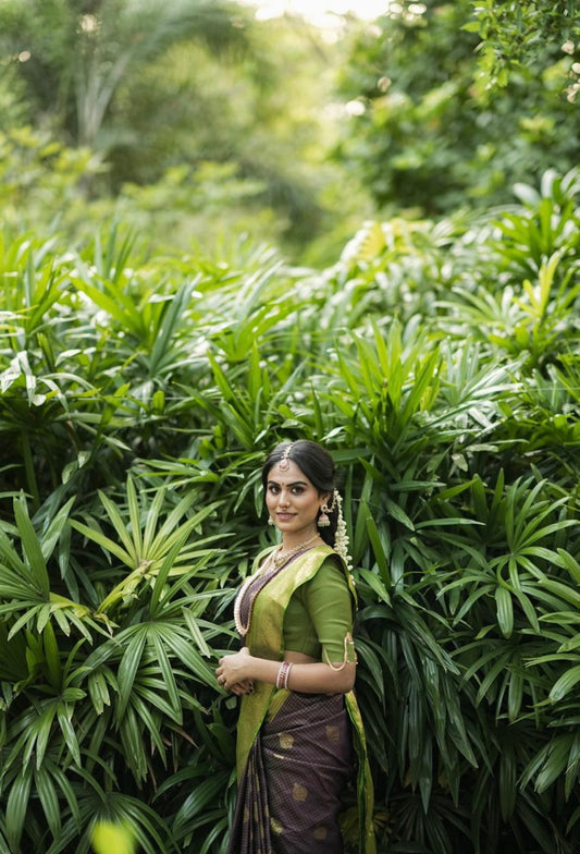 Traditional colours of purple and garden green Kanchivaram silk saree
