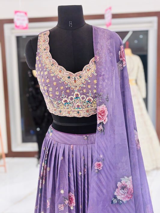 Lavender floral lehenga with embroidered blouse.