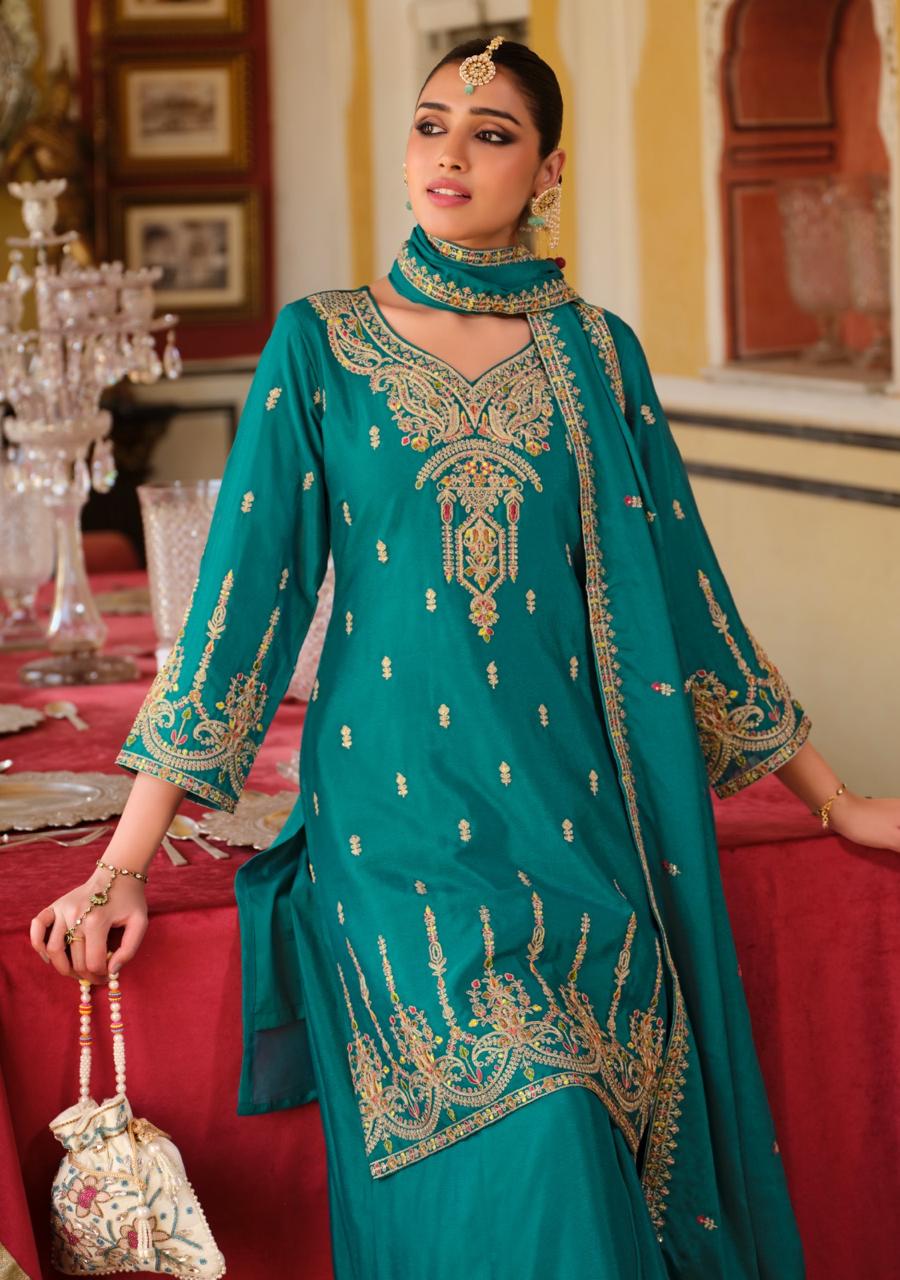 Teal Green Traditional Embroidered Salwar Suits