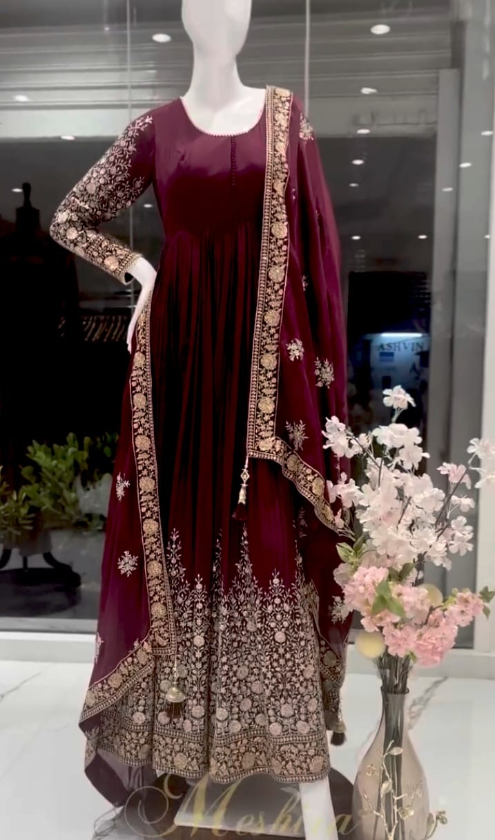 Wine Embroidered Elegance Anarkali