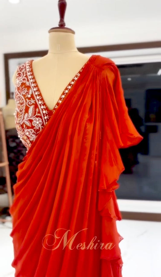 Fiery Orenge Ruffle Ready To Wear Saree