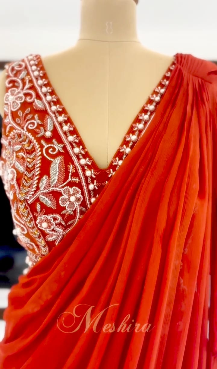 Fiery Orenge Ruffle Ready To Wear Saree
