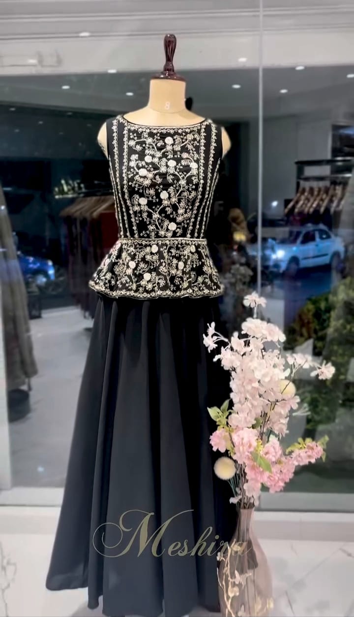 Black Peplum Gown with Ivory Embroidery