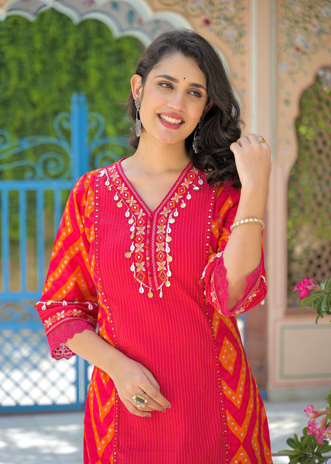 Bright Pink Mirror Work Kurta Set