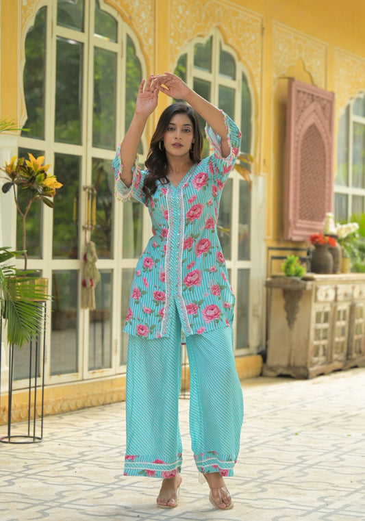 Elegant Floral Striped Kurti and Pants Set