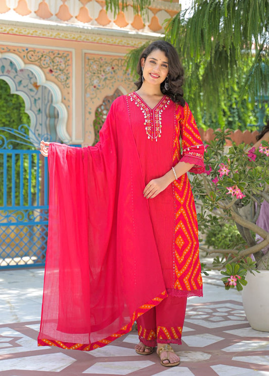 Bright Pink Mirror Work Kurta Set