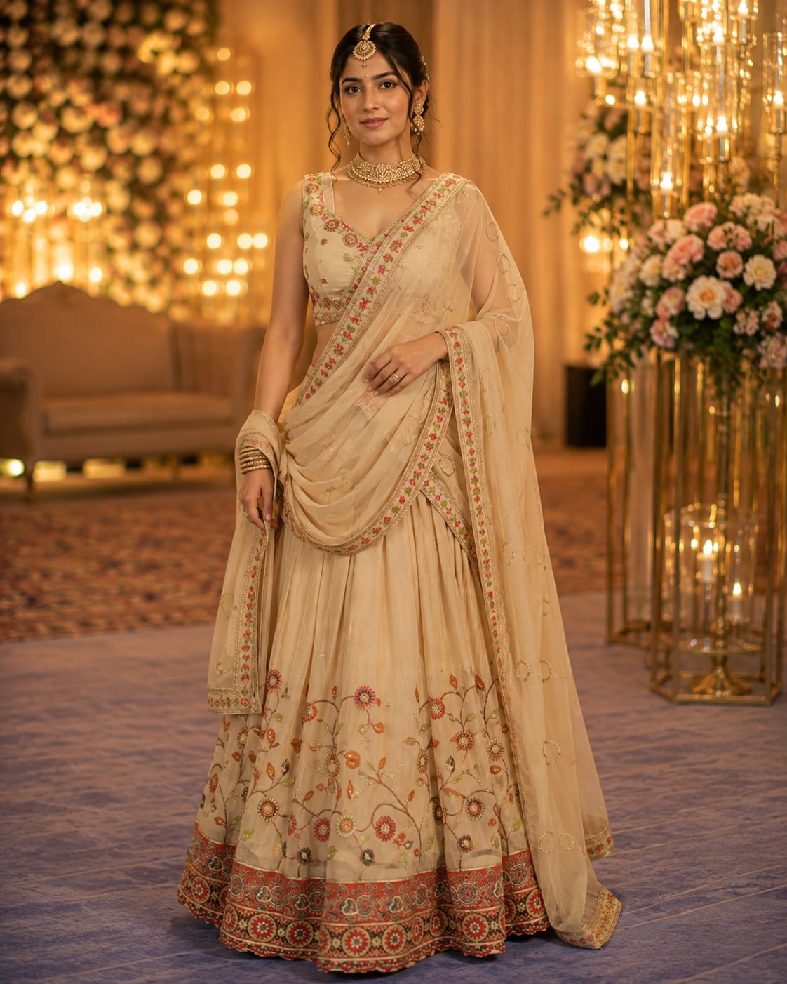 Beautiful ivory lehenga with floral embroidery.