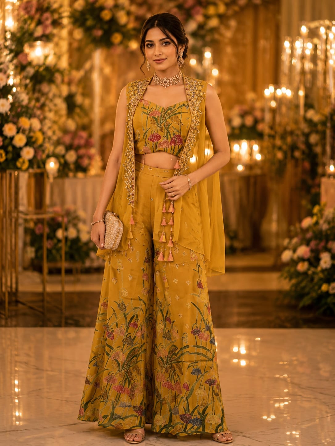 Beautiful mustard yellow co-ord set with embellished cape