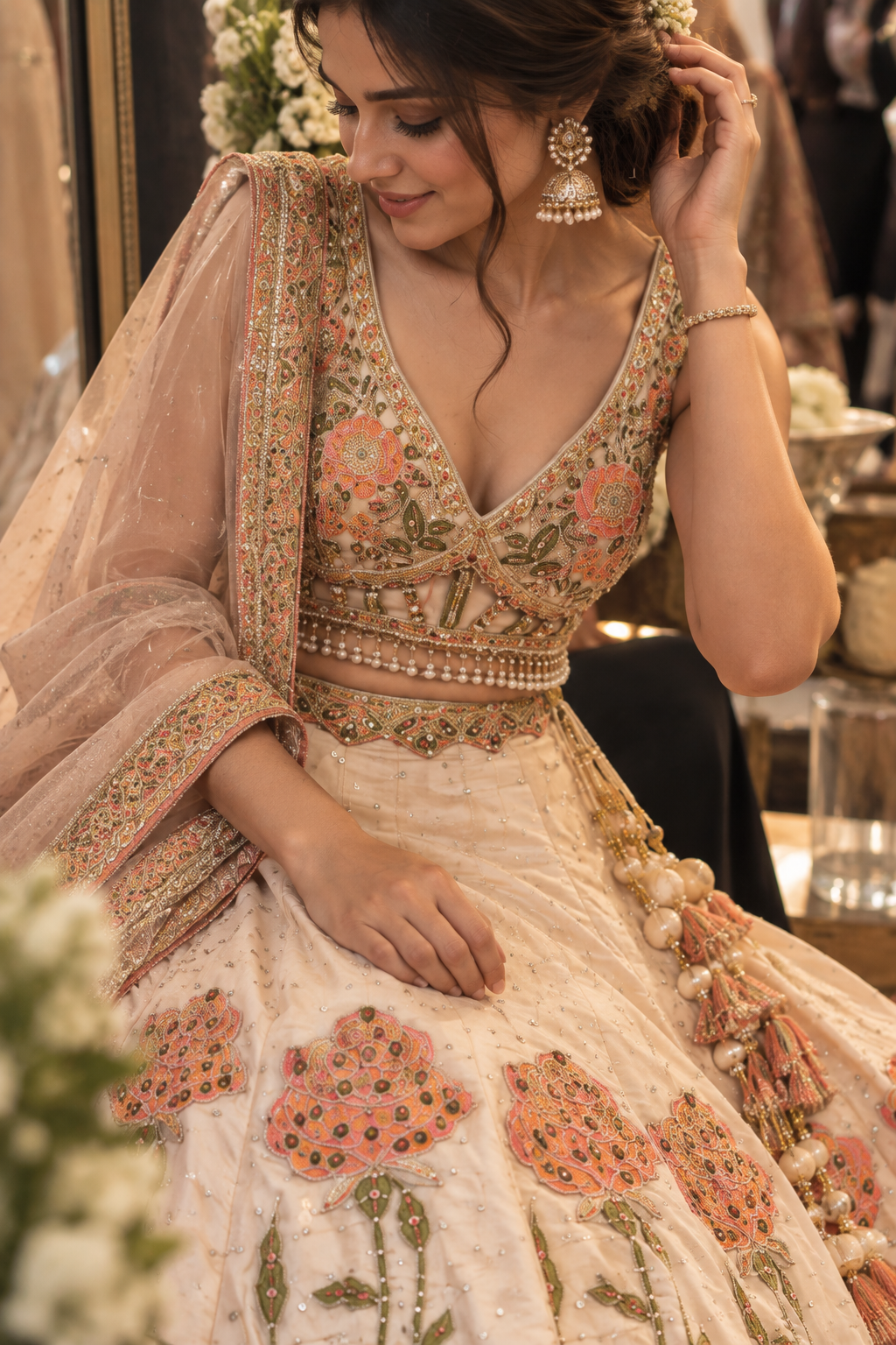 Beautiful Peach Hand Painted Lehenga Set