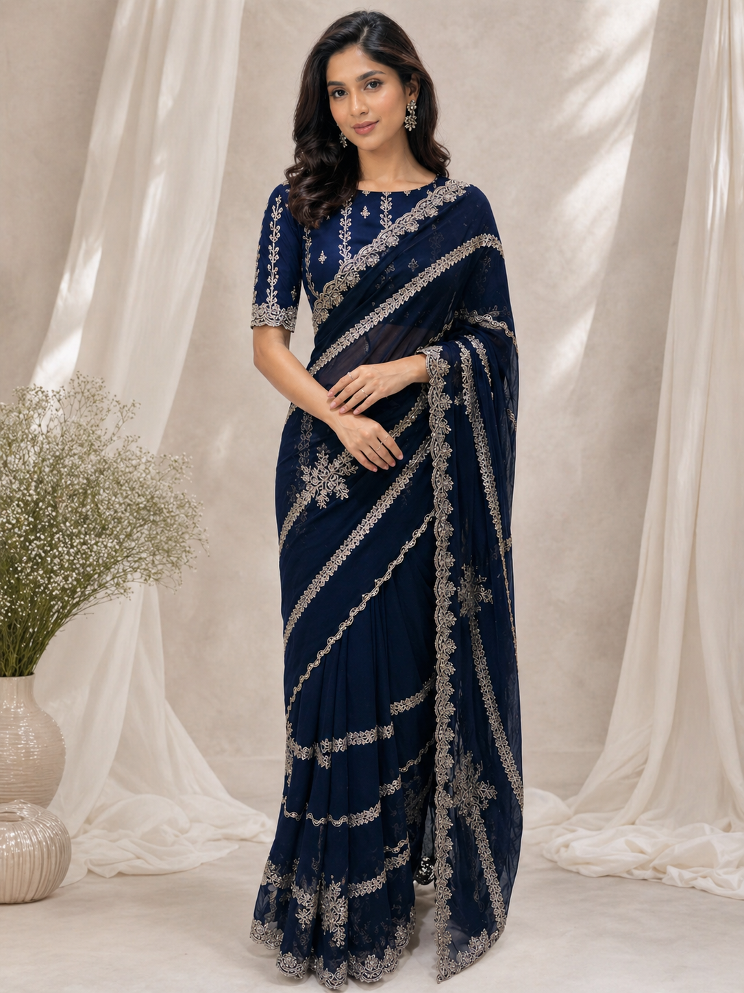 Elegant navy blue georgette designer saree with embroidery