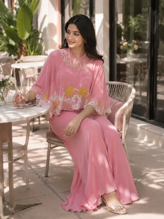 Dreamy pink embroidered indo western dress.