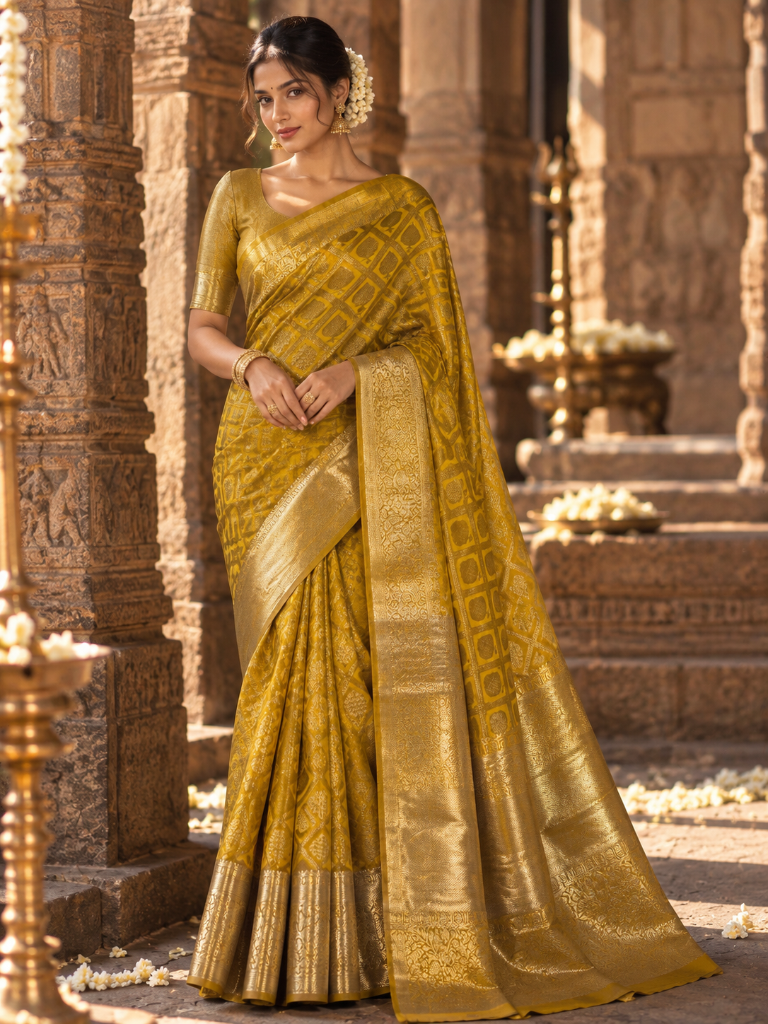 Majestic Yellow Kanchivaram silk saree with intricate zari work.