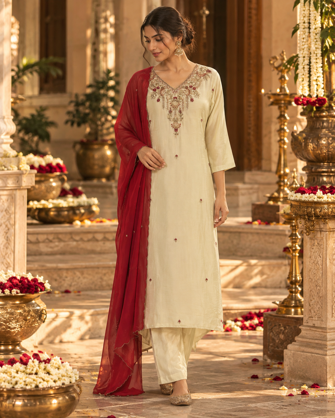 Elegant creame Salwar suit with embroidered neck line paired with maroon dupatta.