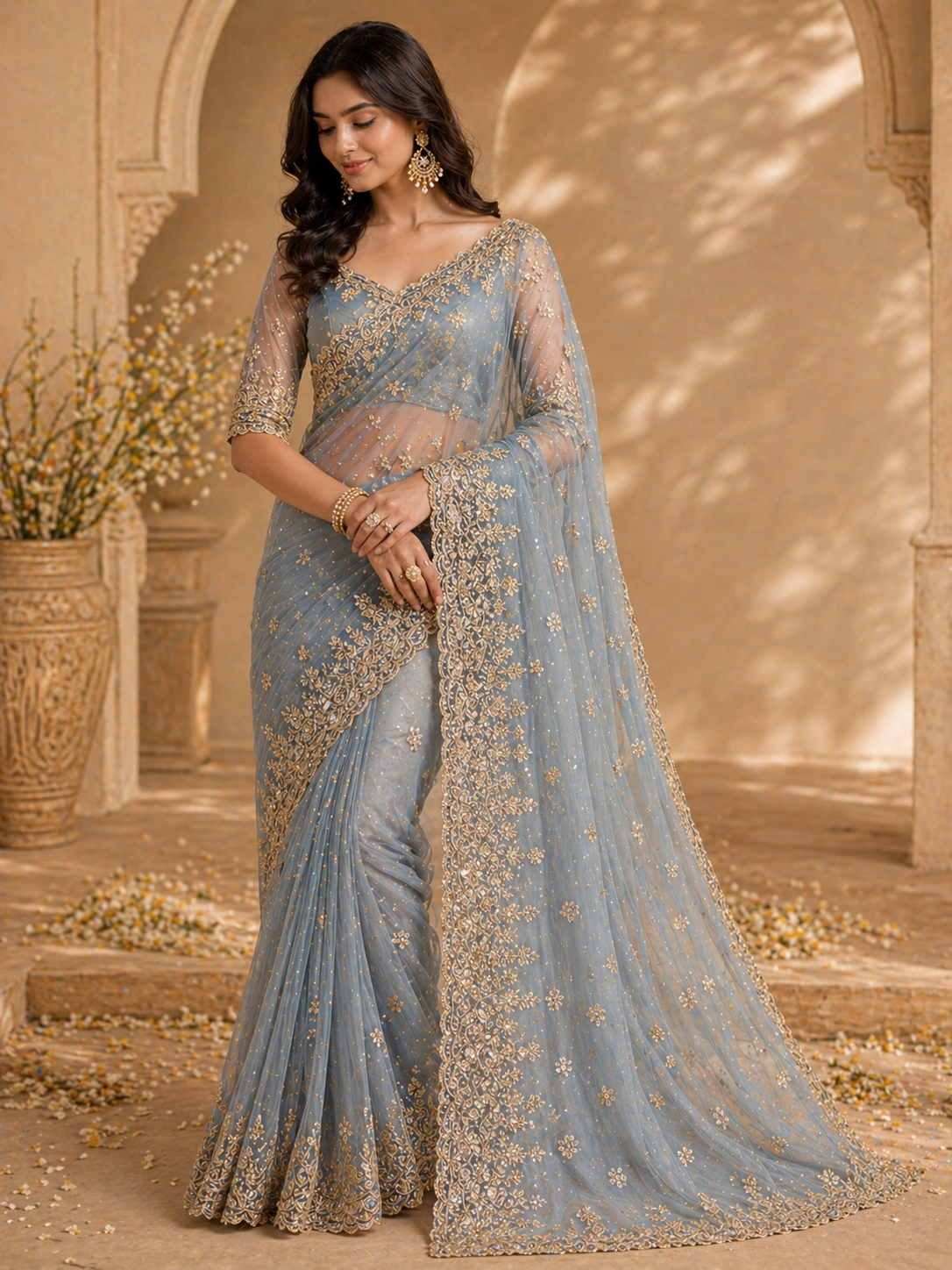 Gorgeous Dusty blue designer saree with intricate golden embroidery