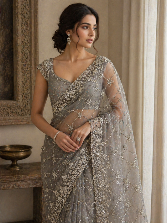 Elegant elephant grey net saree with intricate silver embroidery