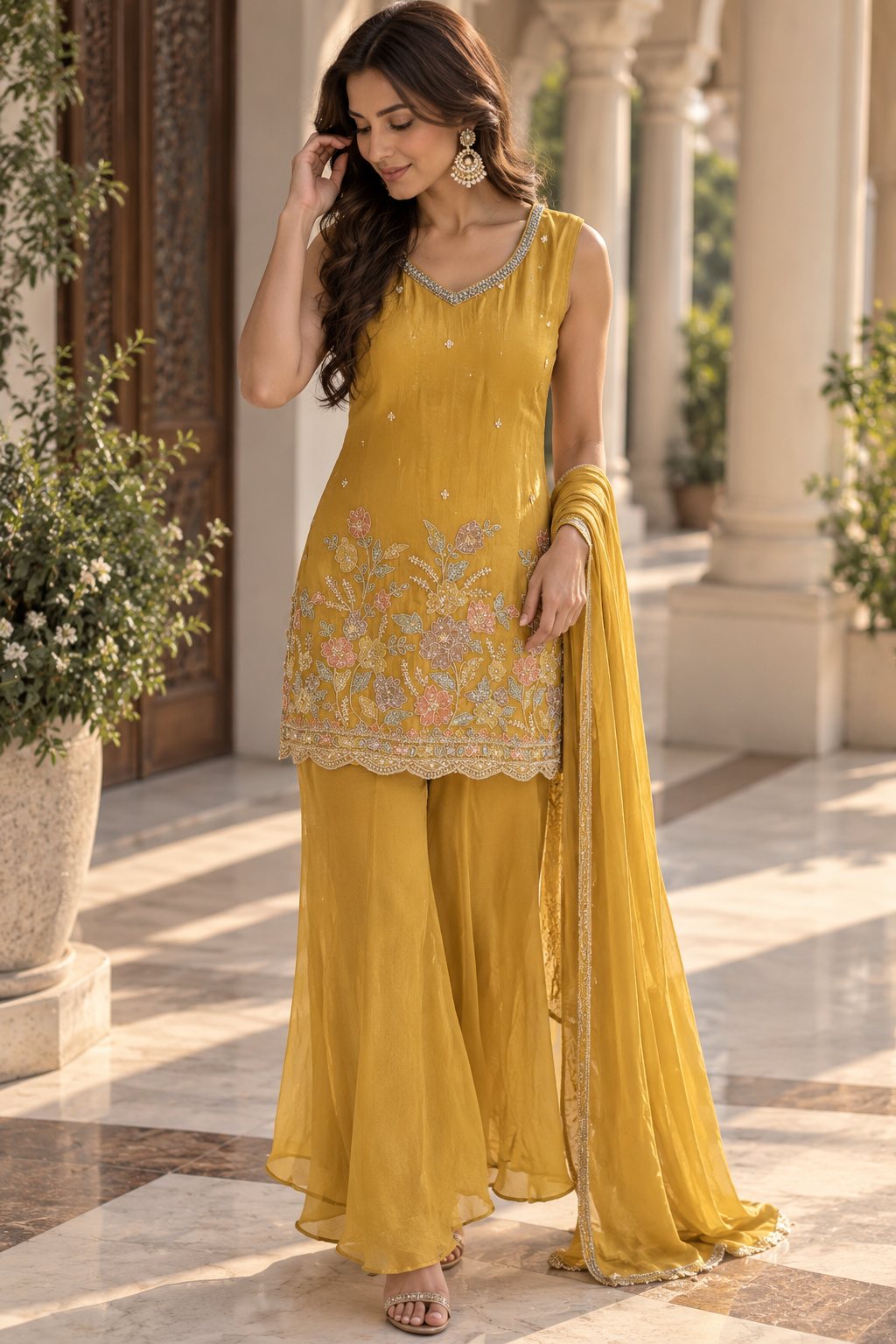 Mustard Floral Design Salwar With Flowy Sharara Pant Set