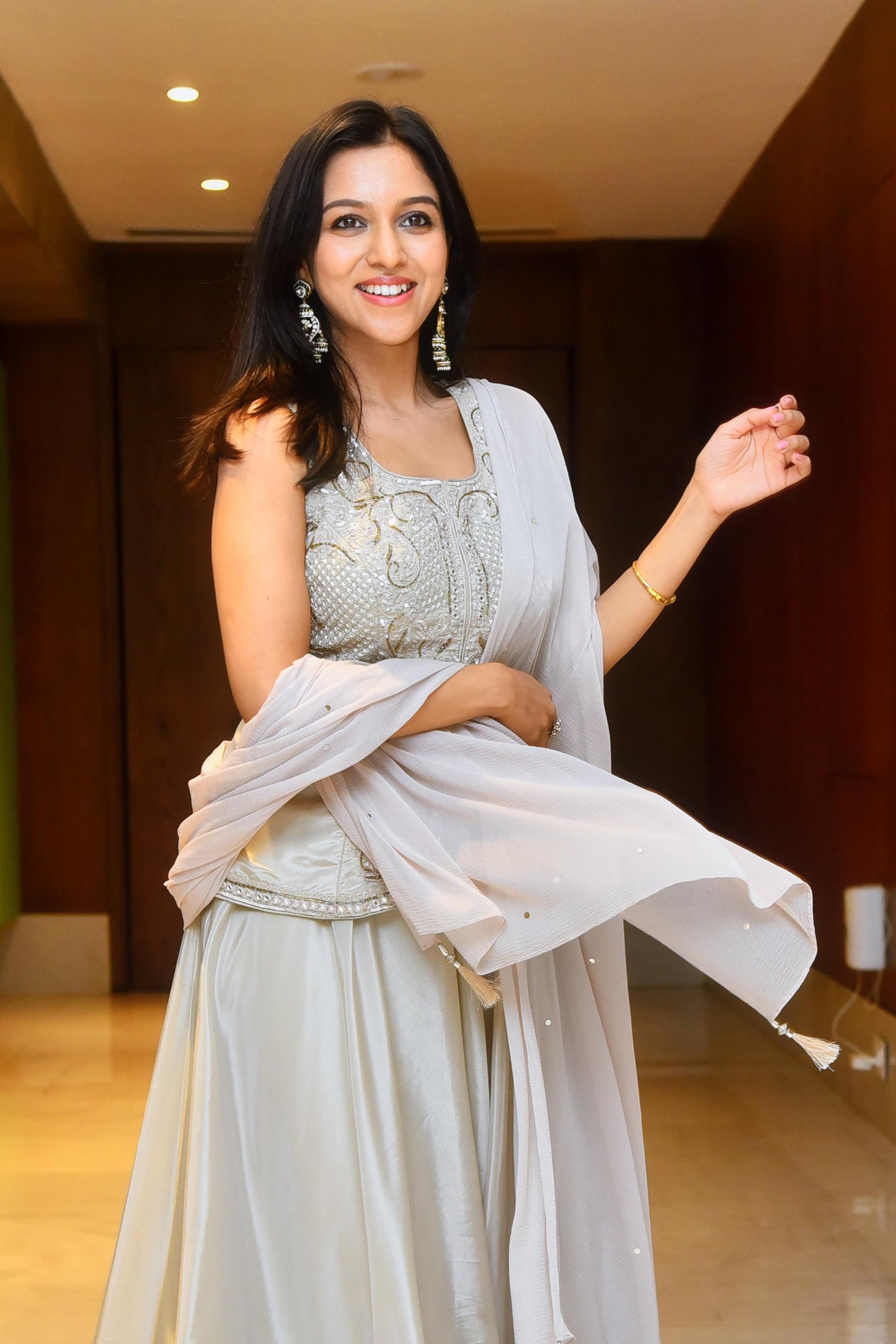 Ethereal Soft silver grey corset top and drape skirt dress.