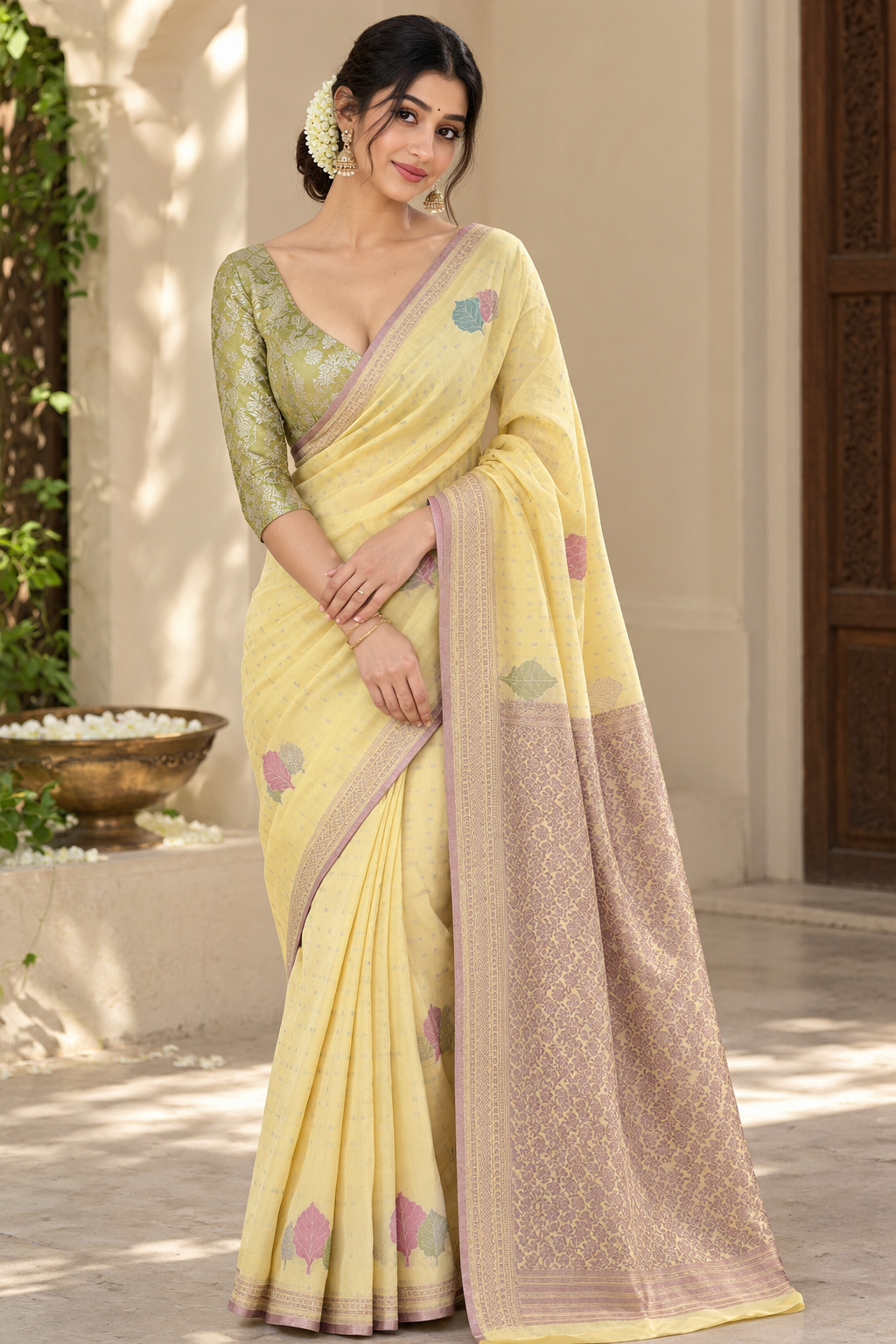 Regal yellow banarasi silk saree with gold motifs and contrast blouse