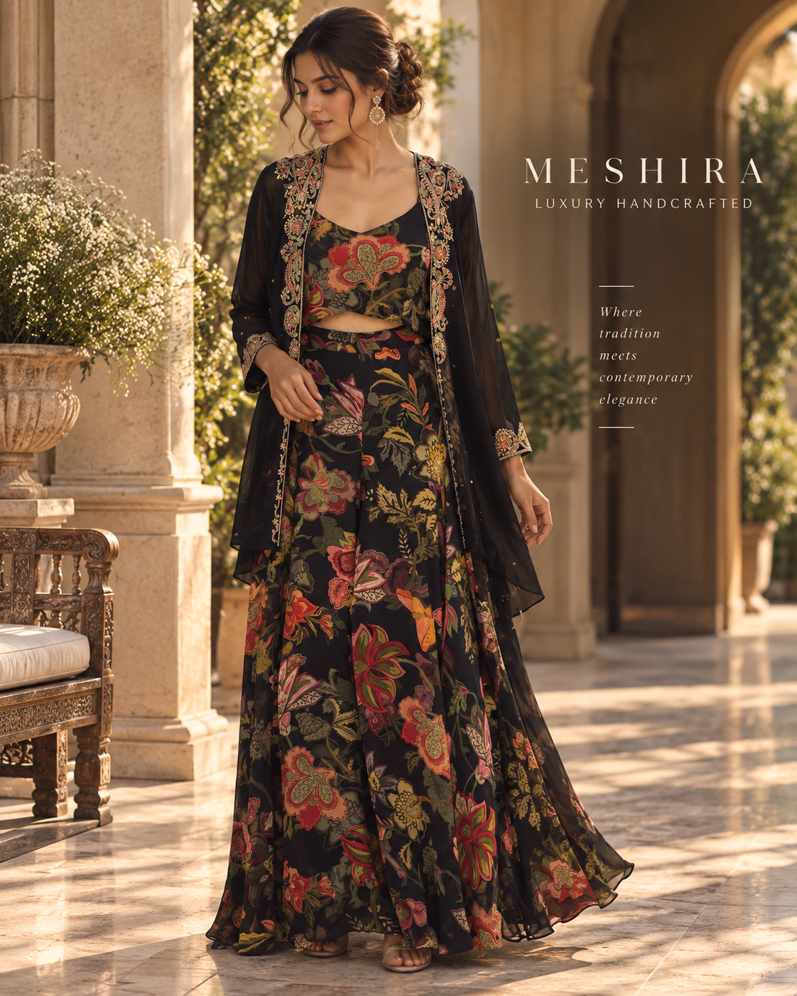 Fabulous floral print indo western jacket set with intricate embroidery work.