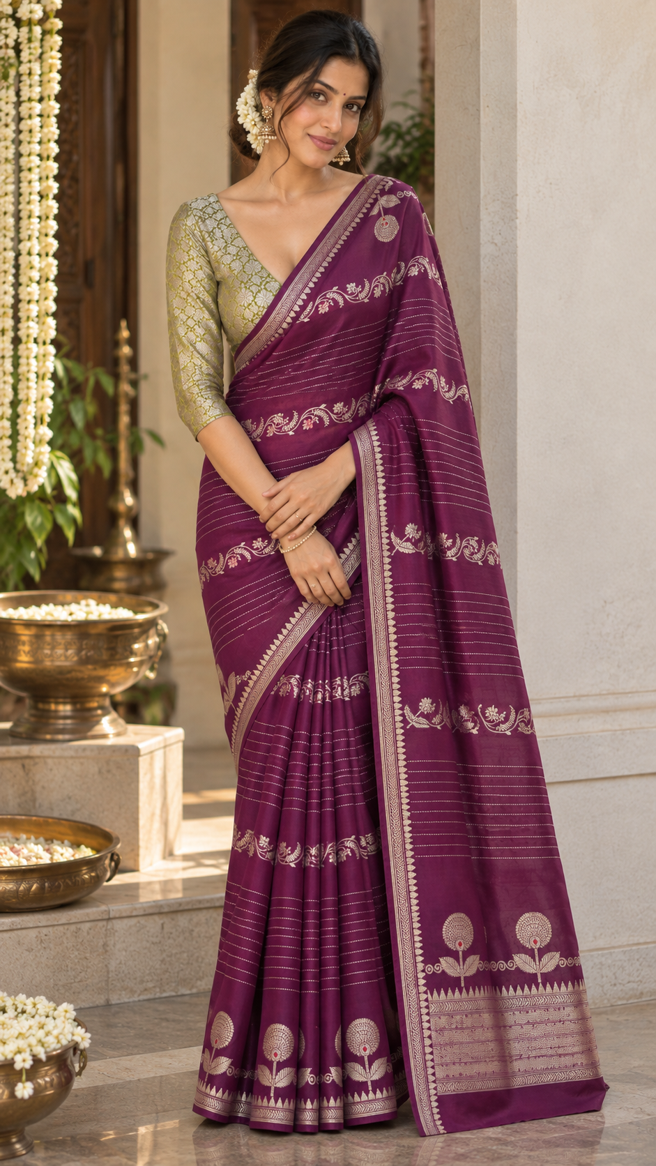 Deep purple banaras silk saree with gold floral pattern design