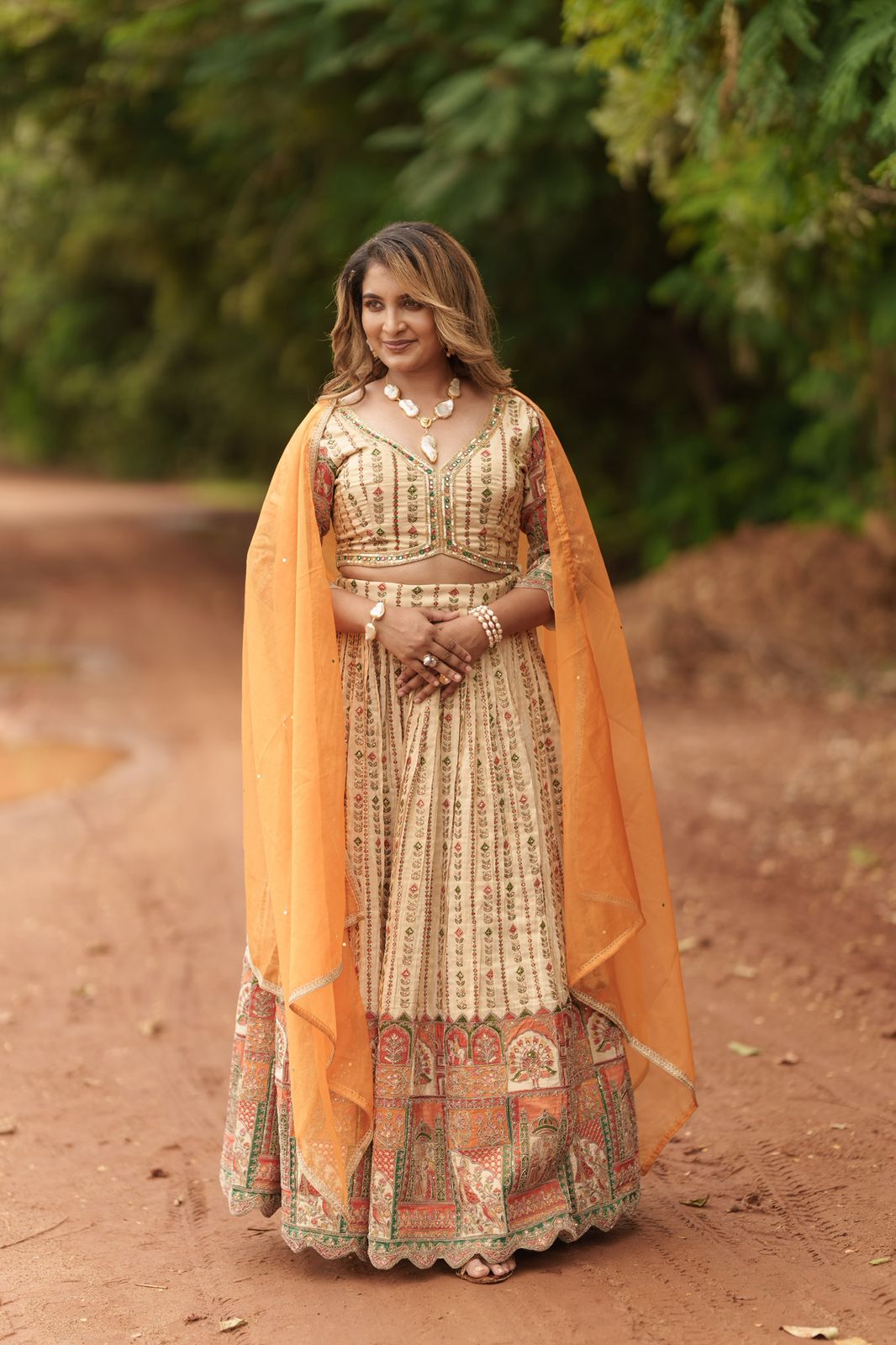 Beautiful Beige lehanga with embroidery design all over the dress