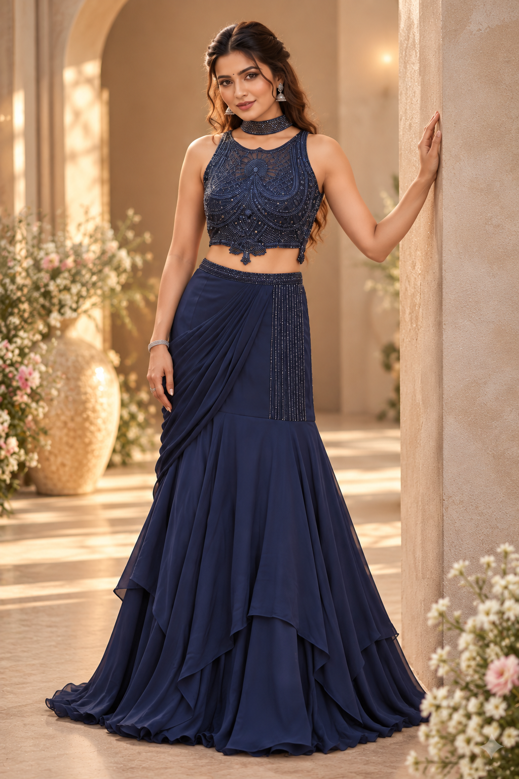 Royal blue fish cut lehanga with intricate embroidery work with dupata