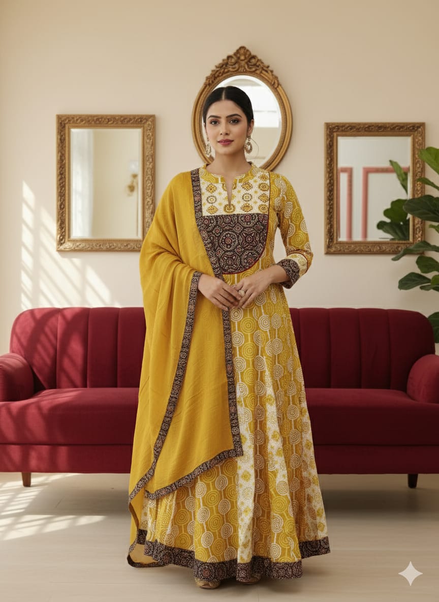 Mustard Yellow Block-Printed Anarkali Set
