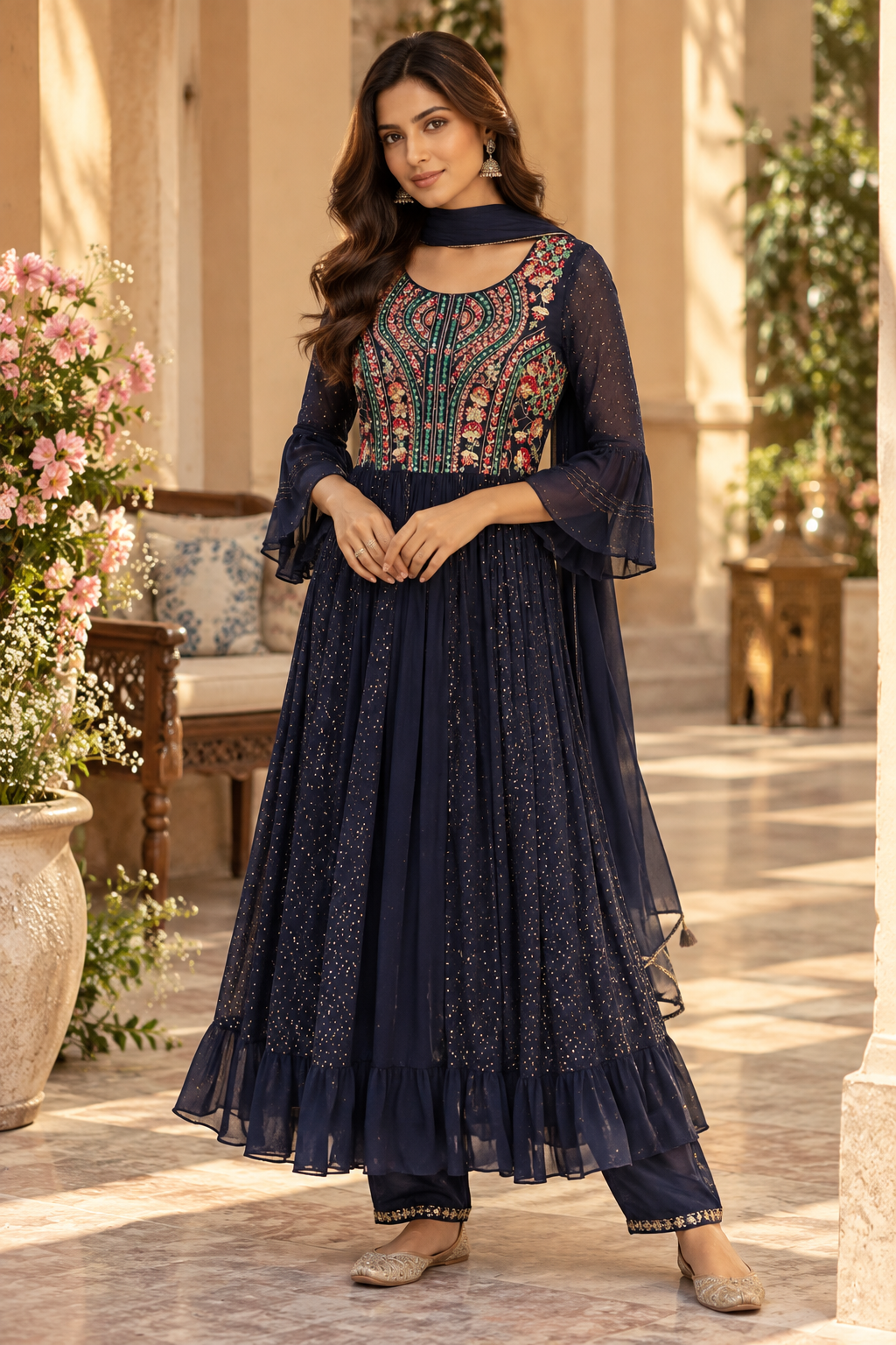 Stunning navy blue anarkali suit with intricate embroidery work and dupatta
