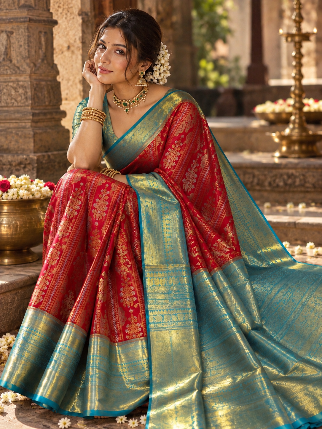 Vibrant red Kanchivaram saree with gold floral motifs with turquoise border and blouse