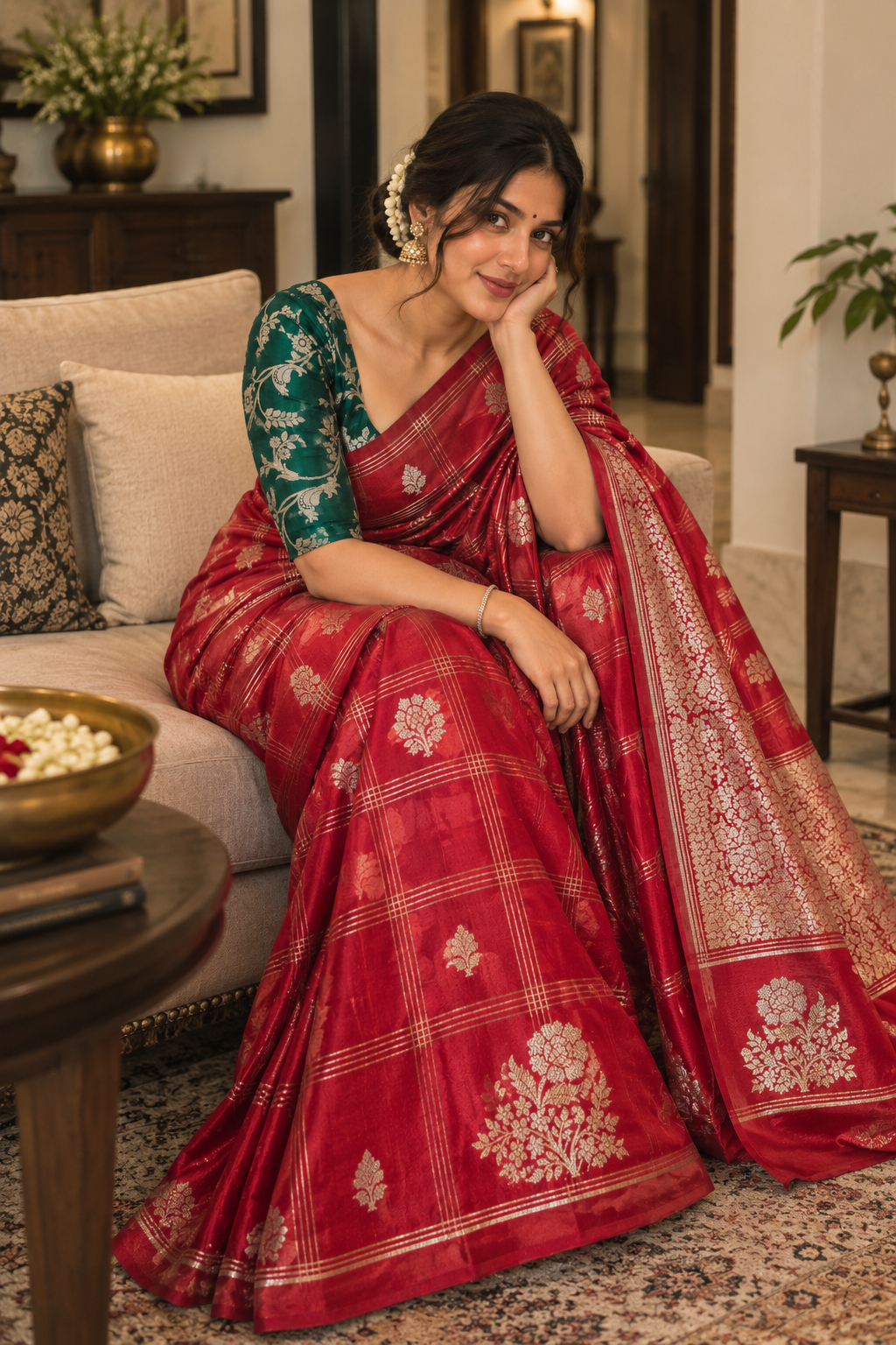 Vibrant red Banarasi silk sarees with green contrasting blouse