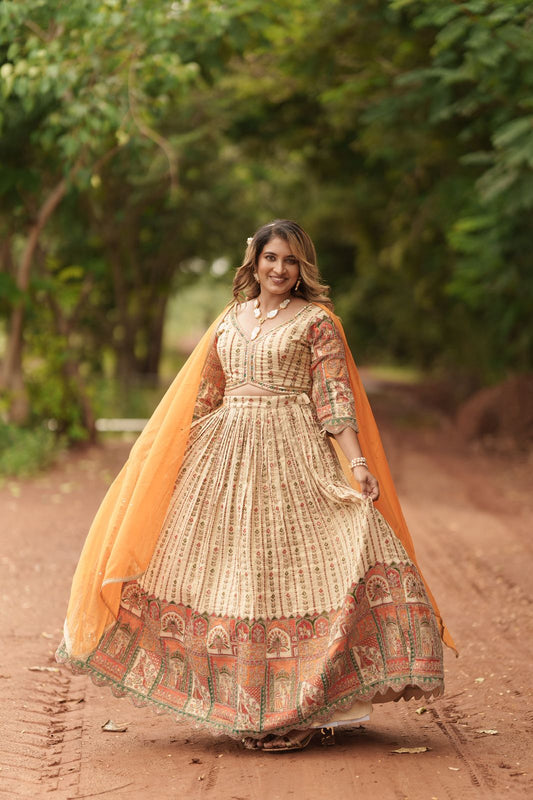 Beautiful Beige lehanga with embroidery design all over the dress