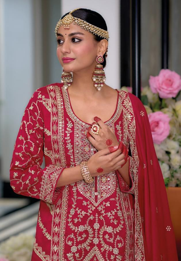 Red punjabi salwar suit with intricate embroidery work.