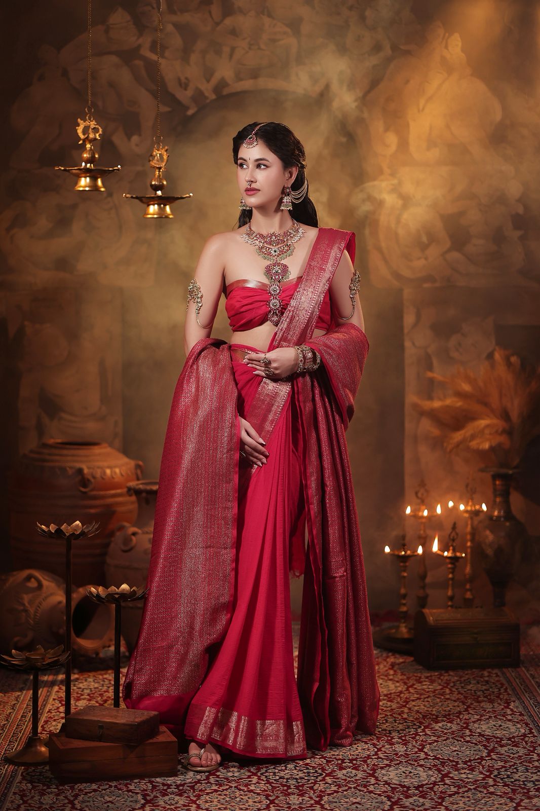 Red Georgette banarasi saree with intricate zari designs