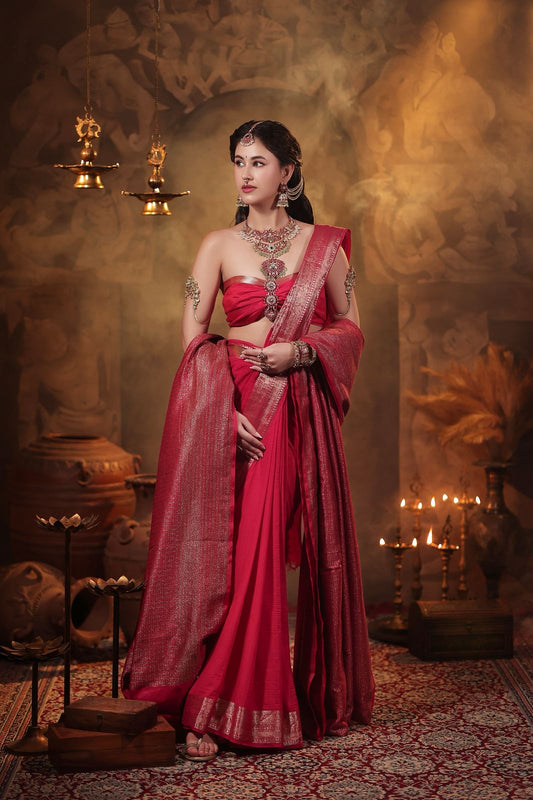 Red Georgette banarasi saree with intricate zari designs