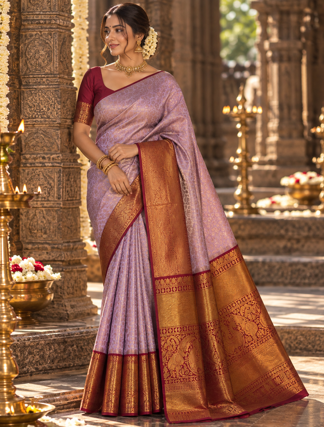 Graceful pastel lavender Kanchivaram silk saree with red border with zari worka