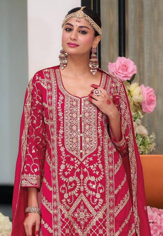 Red punjabi salwar suit with intricate embroidery work.