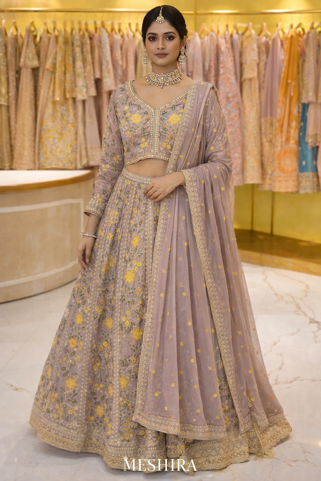 Elegant Mauve Floral Embroidered Lehenga.