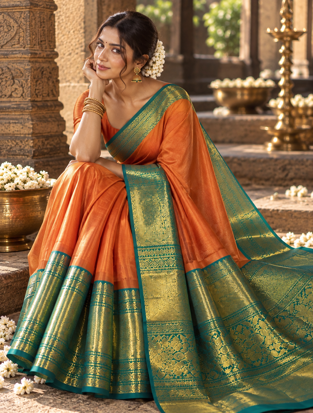 Vibrant Orange Kanchivaram saree with teal blue big border with gold zari work.