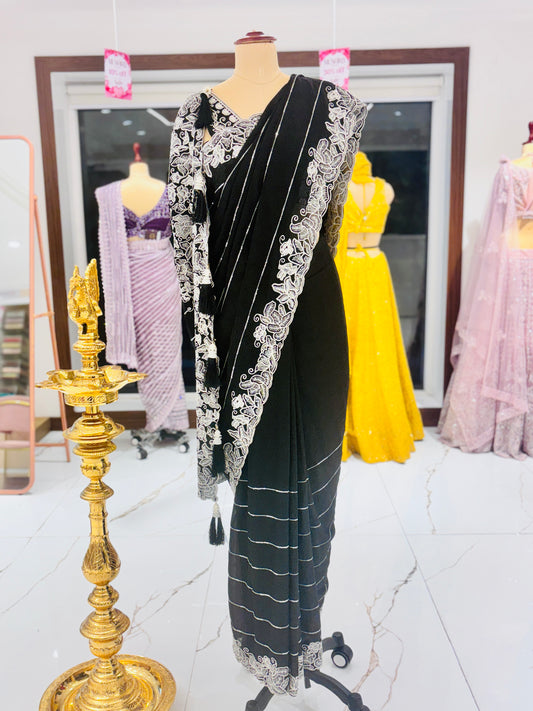 Black Georgette Ready-to-Wear Saree with Ivory Embroidery