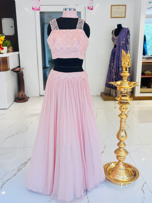 Pastel pink chiffon lehenga