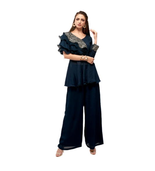 Elegant navy blue coord set with ruffle sleeves