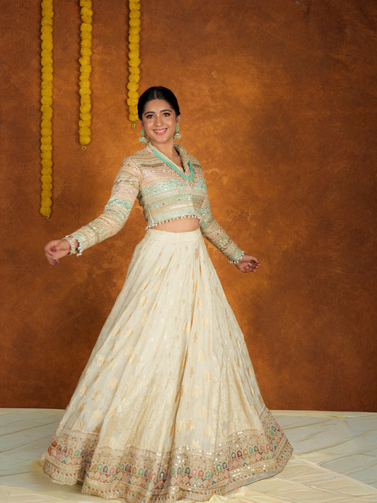 Banarasi lehenga paired with intricately embroidered crop top.
