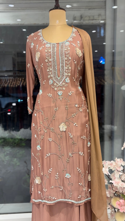 Dusty rose embroidered Salwar suit and palazzo pants
