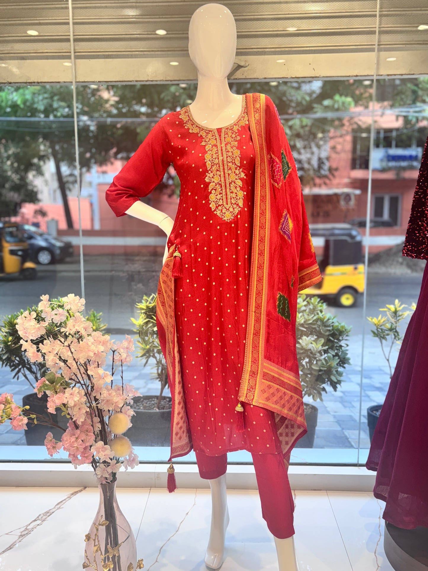Fiery red Banarasi lehenga with embroidery