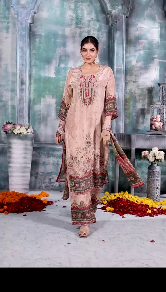 Crepe crème colour embroidered Salwar suit