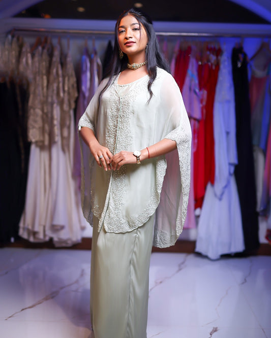 Elegant designer cape dress with palazzo pants in mint green