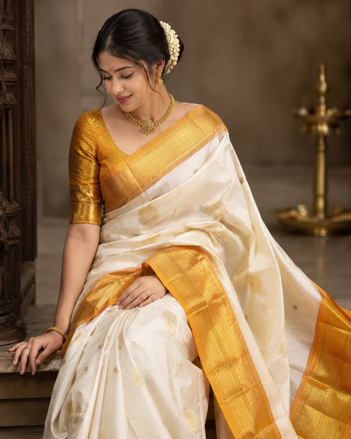 Pure Kanchipuram silk saree in ivory and gold zari